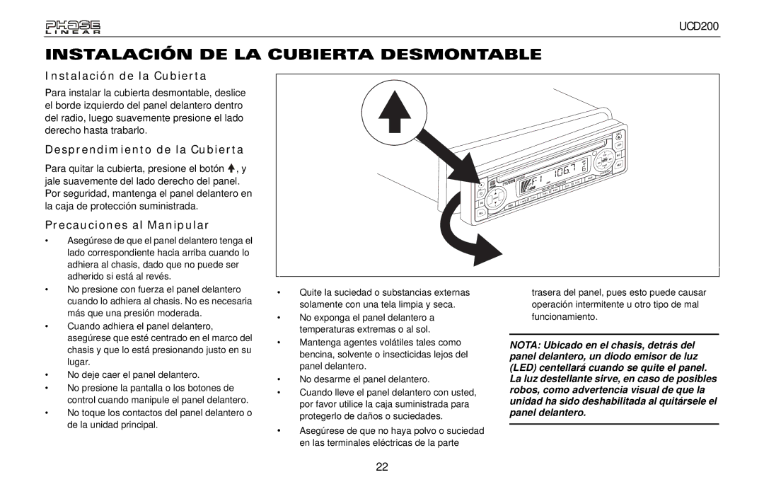 Audiovox UCD200 Instalación DE LA Cubierta Desmontable, Instalación de la Cubierta, Desprendimiento de la Cubierta 