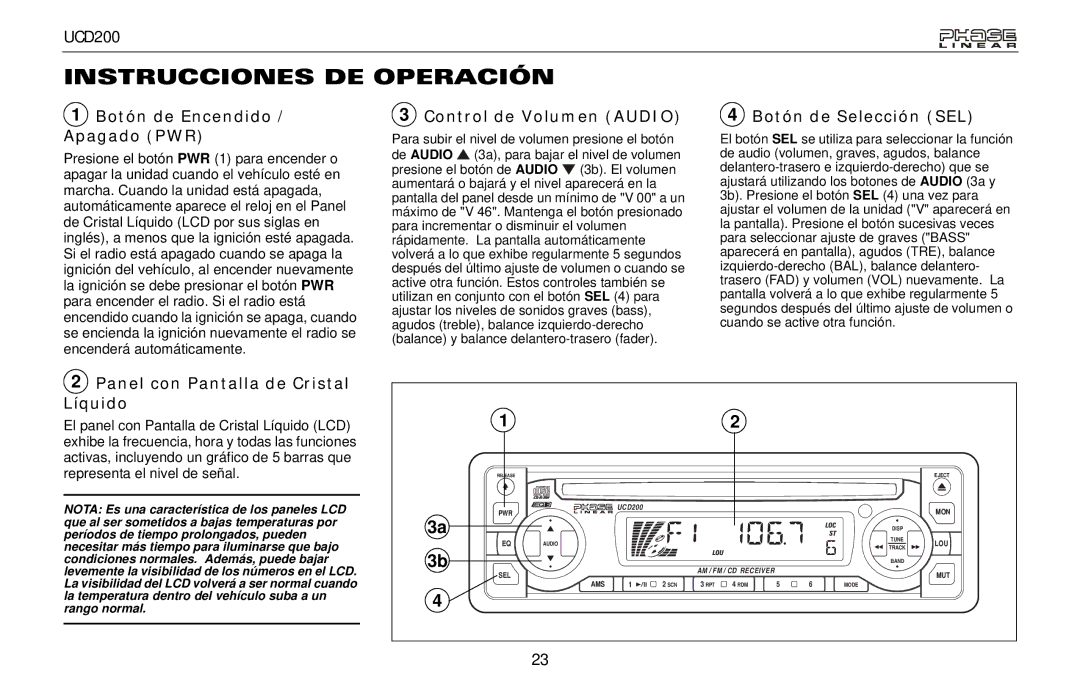 Audiovox UCD200 owner manual Instrucciones DE Operación, Botón de Encendido / Apagado PWR, Control de Volumen Audio 