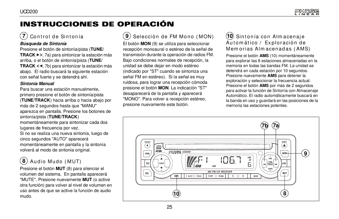 Audiovox UCD200 Control de Sintonía, Selección de FM Mono MON, Audio Mudo MUT, Búsqueda de Sintonía, Sintonía Manual 