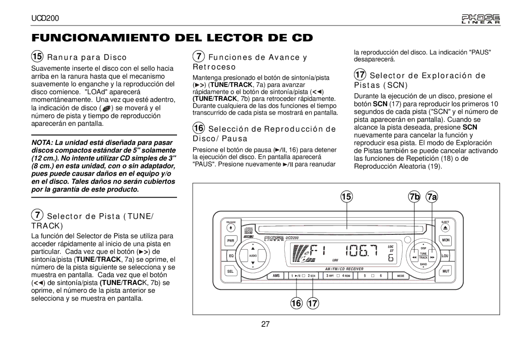 Audiovox UCD200 owner manual Funcionamiento DEL Lector DE CD 