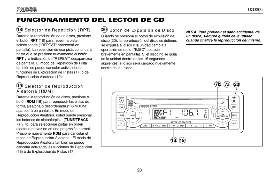 Audiovox UCD200 Selector de Repetición RPT, 20 Botón de Expulsión de Disco, Selector de Reproducción Aleatoria RDM 