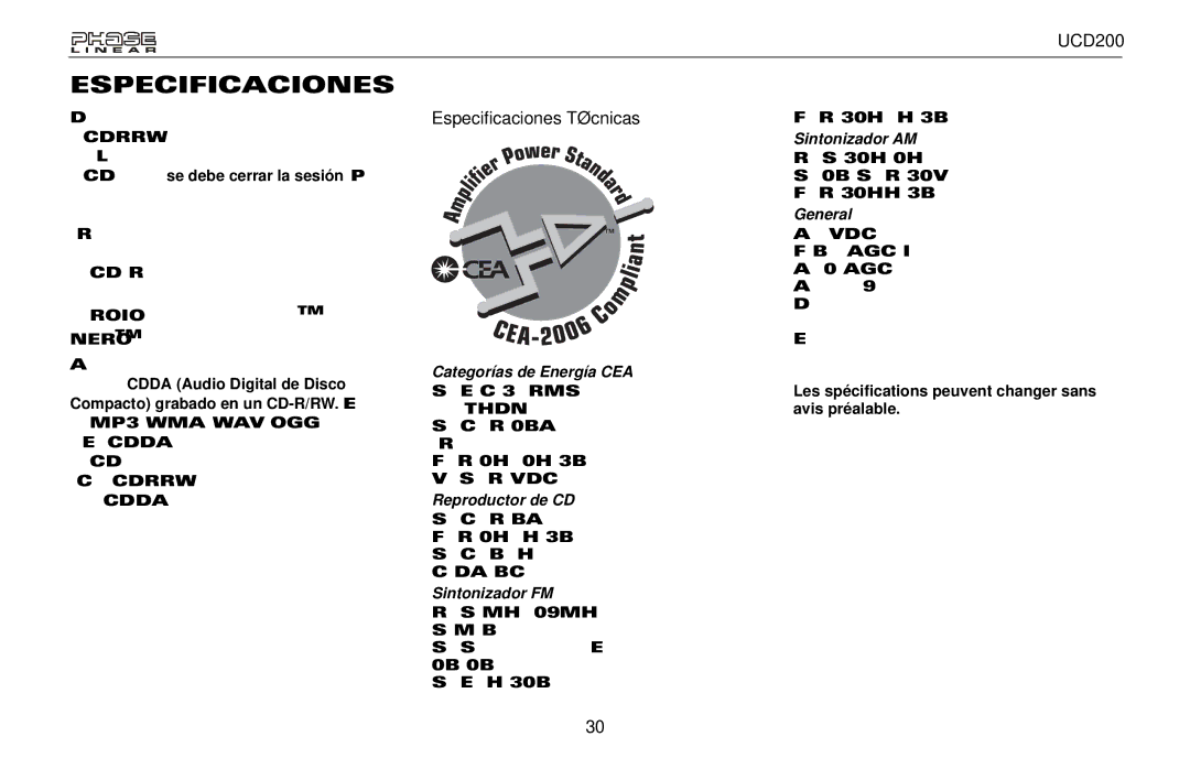 Audiovox UCD200 owner manual Especificaciones Técnicas 