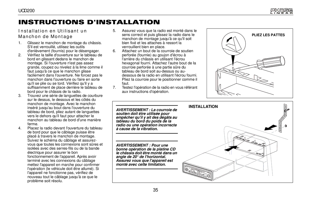 Audiovox UCD200 owner manual Instructions Dinstallation, Installation en Utilisant un Manchon de Montage 