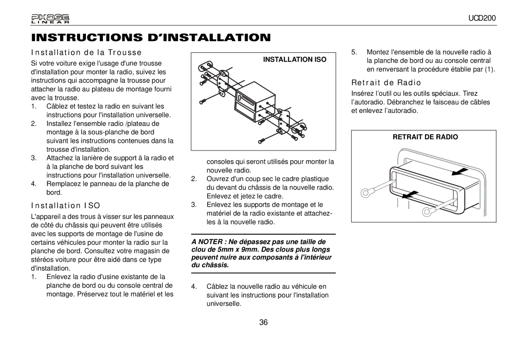 Audiovox UCD200 owner manual Instructions D’INSTALLATION, Installation de la Trousse, Installation ISO, Retrait de Radio 