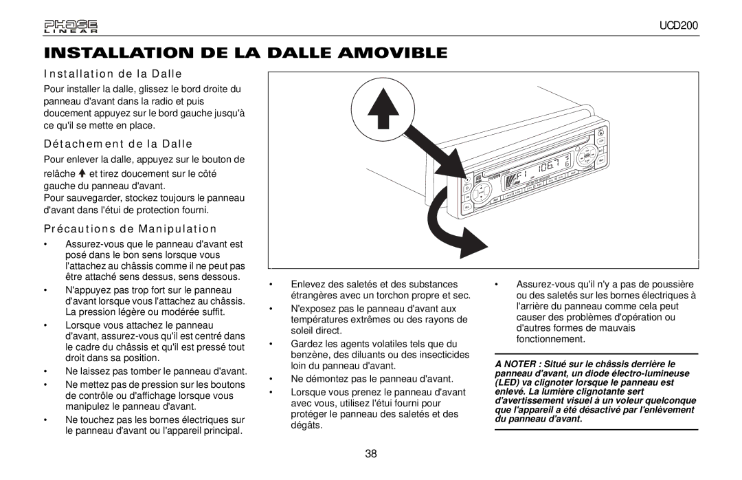 Audiovox UCD200 owner manual Installation DE LA Dalle Amovible, Installation de la Dalle, Détachement de la Dalle 