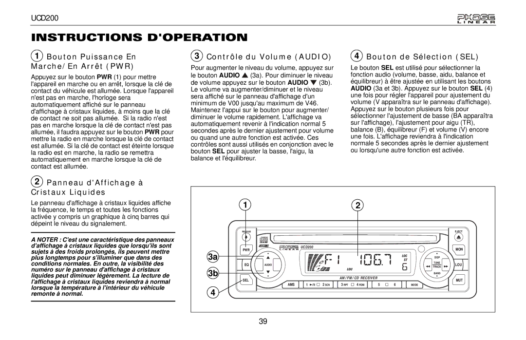 Audiovox UCD200 owner manual Instructions Doperation, Bouton Puissance En Marche/En Arrêt PWR, Contrôle du Volume Audio 