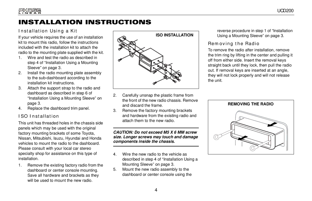 Audiovox UCD200 owner manual Installation Using a Kit, ISO Installation, Removing the Radio 