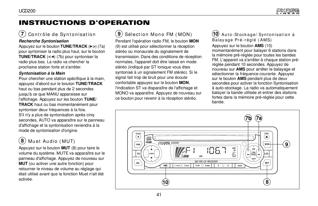 Audiovox UCD200 owner manual Contrôle de Syntonisation, Sélection Mono FM MON, Muet Audio MUT 