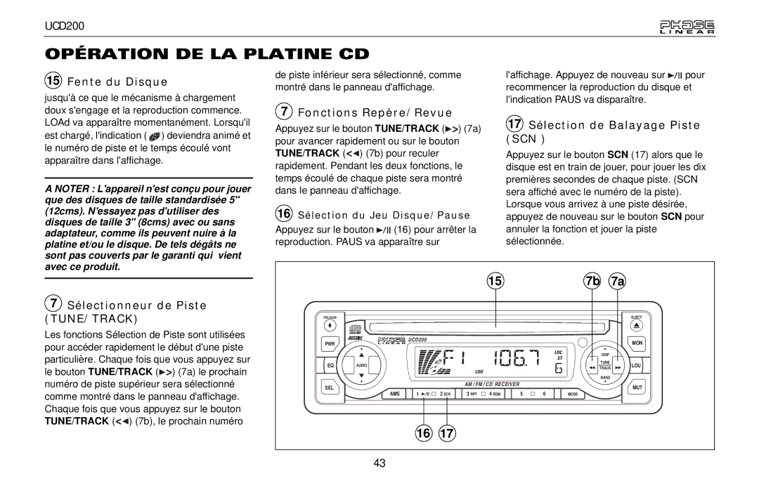 Audiovox UCD200 Opération DE LA Platine CD, Fente du Disque, Fonctions Repère/Revue, 17 Sélection de Balayage Piste SCN 