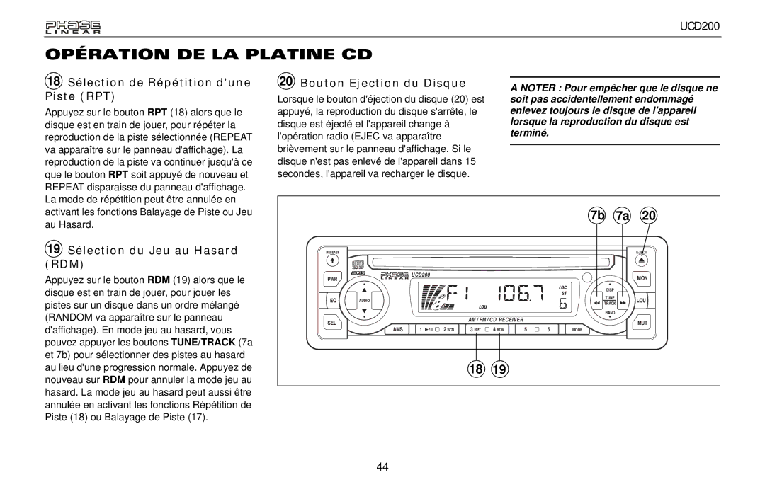 Audiovox UCD200 18 Sélection de Répétition dune Piste RPT, Bouton Ejection du Disque, 19 Sélection du Jeu au Hasard RDM 