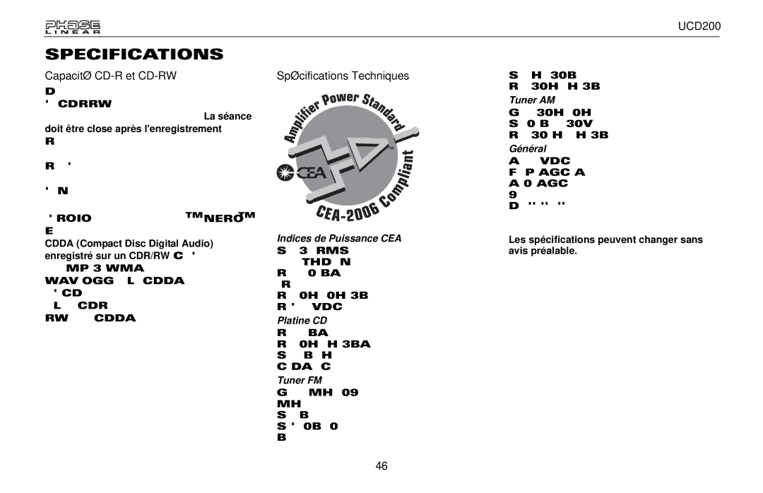 Audiovox UCD200 owner manual Capacité CD-R et CD-RW, Spécifications Techniques 