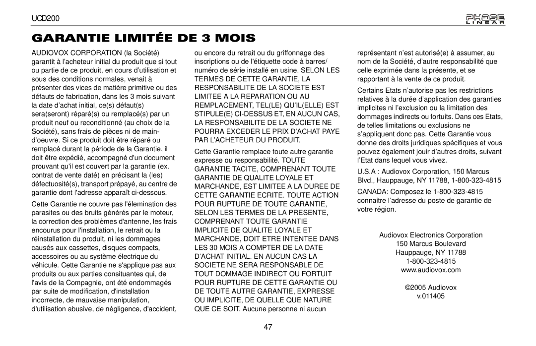 Audiovox UCD200 owner manual Garantie Limitée DE 3 Mois 