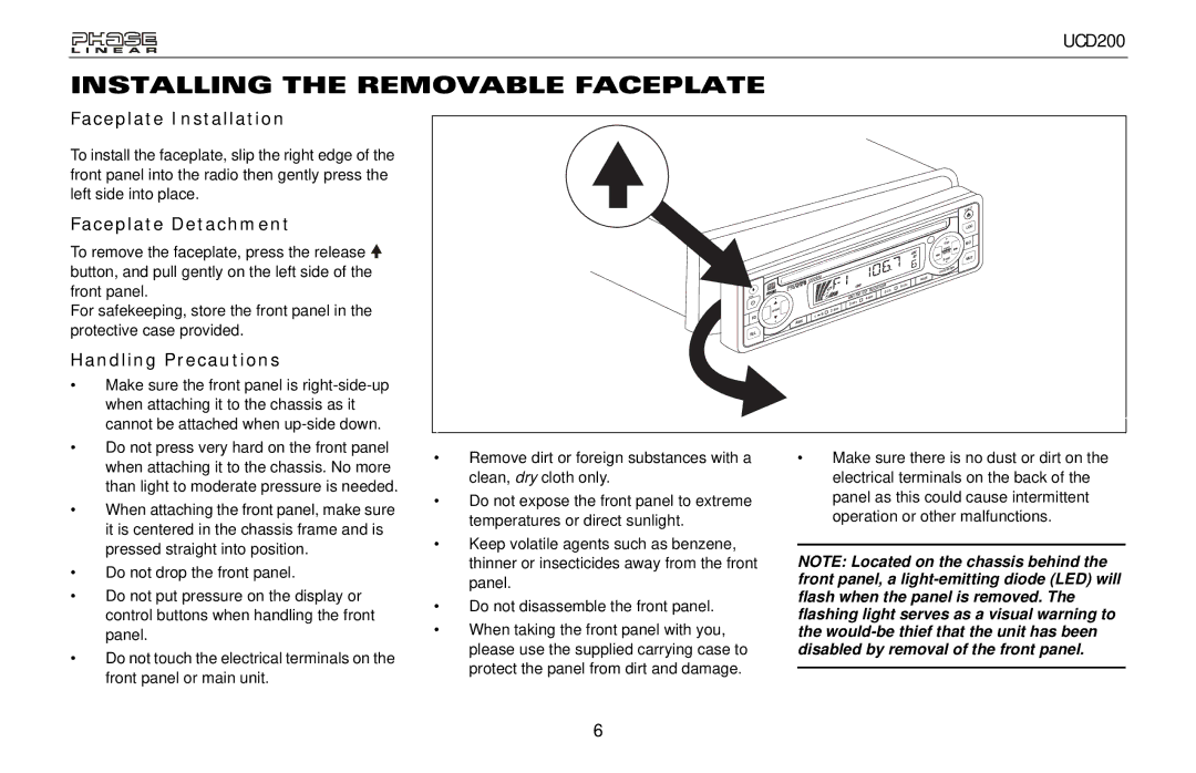 Audiovox UCD200 Installing the Removable Faceplate, Faceplate Installation, Faceplate Detachment, Handling Precautions 