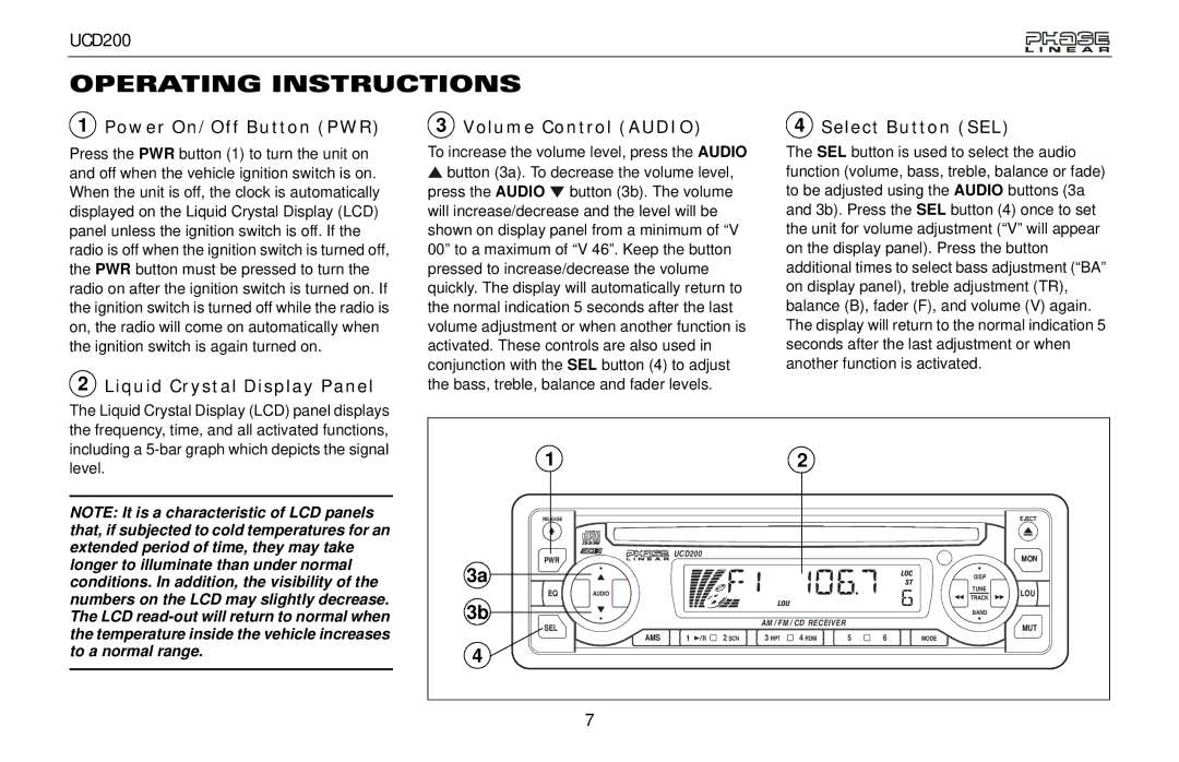 Audiovox UCD200 Operating Instructions, Power On/Off Button PWR, Liquid Crystal Display Panel Volume Control Audio 