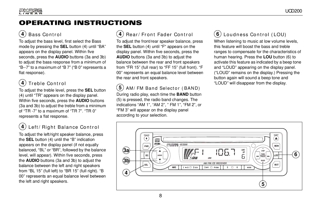 Audiovox UCD200 Bass Control Rear/Front Fader Control Loudness Control LOU, Treble Control, Left/Right Balance Control 