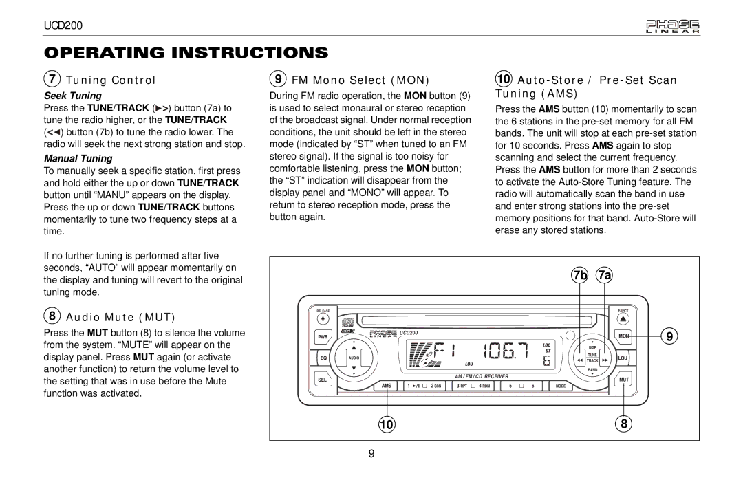 Audiovox UCD200 owner manual Tuning Control, FM Mono Select MON, Auto-Store / Pre-Set Scan Tuning AMS, Audio Mute MUT 