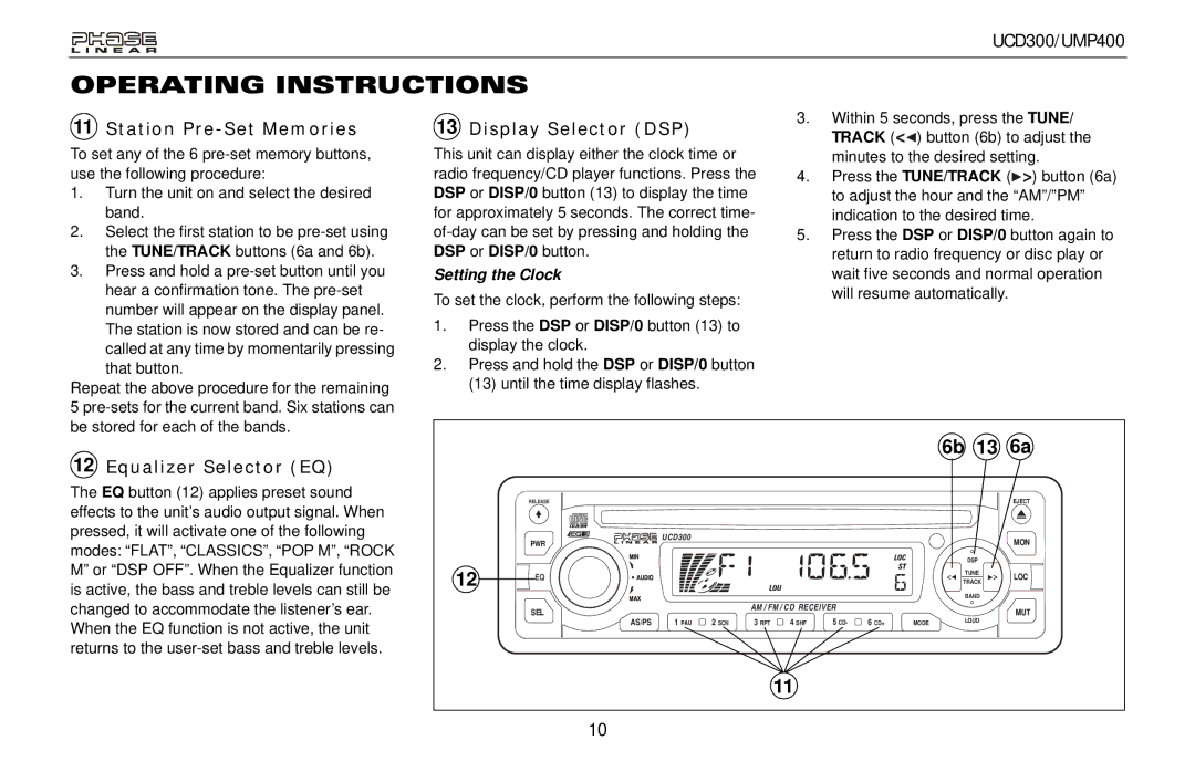 Audiovox UCD300, UMP400 Station Pre-Set Memories, Display Selector DSP, Equalizer Selector EQ, Setting the Clock 