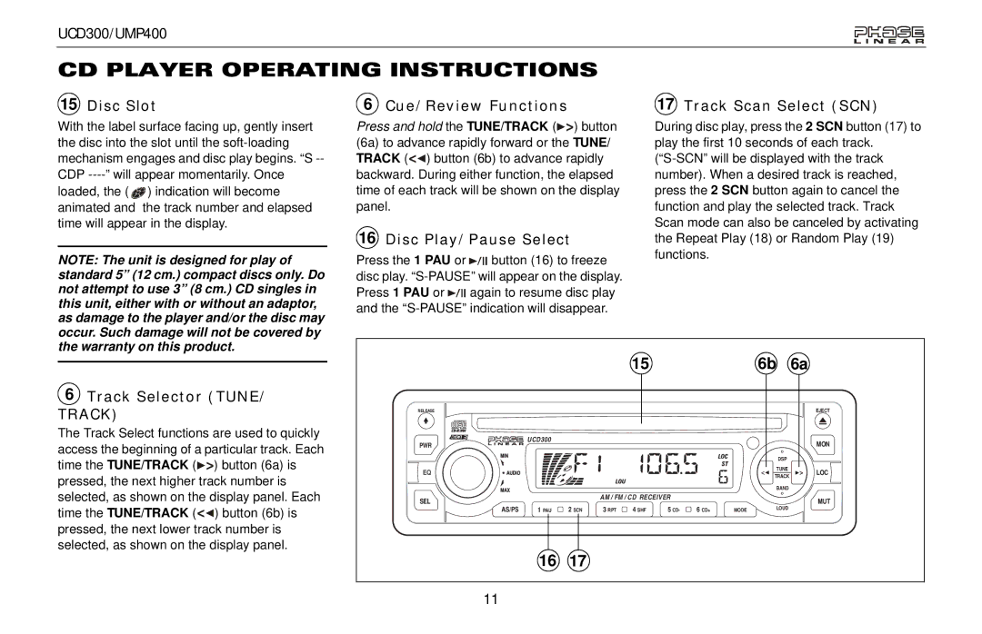 Audiovox UMP400, UCD300 owner manual CD Player Operating Instructions 