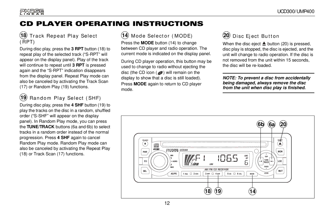 Audiovox UCD300, UMP400 Track Repeat Play Select RPT, Mode Selector Mode, Disc Eject Button, Random Play Select SHF 