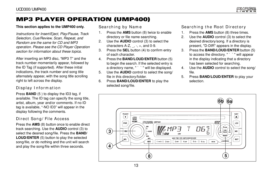 Audiovox UCD300 MP3 Player Operation UMP400, Display Information Searching by Name, Searching the Root Directory 