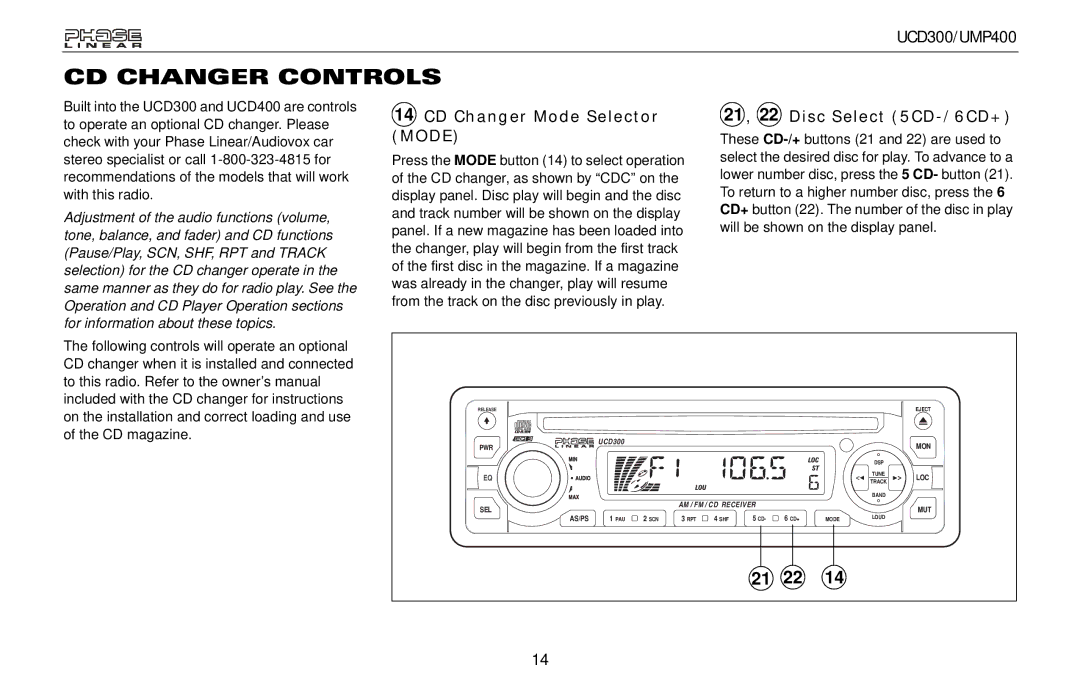 Audiovox UCD300, UMP400 owner manual CD Changer Controls, CD Changer Mode Selector Mode, 21 , 22 Disc Select 5CD-/6CD+ 