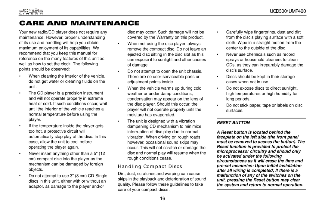 Audiovox UCD300, UMP400 owner manual Care and Maintenance, Handling Compact Discs 