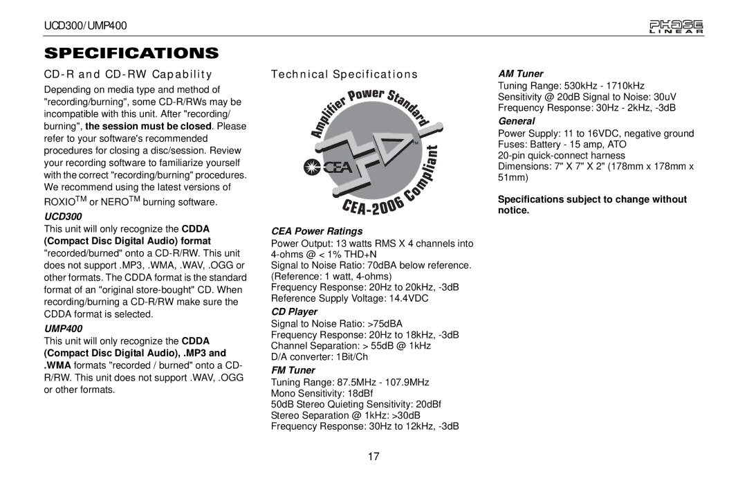 Audiovox UMP400, UCD300 owner manual CD-R and CD-RW Capability, Technical Specifications 