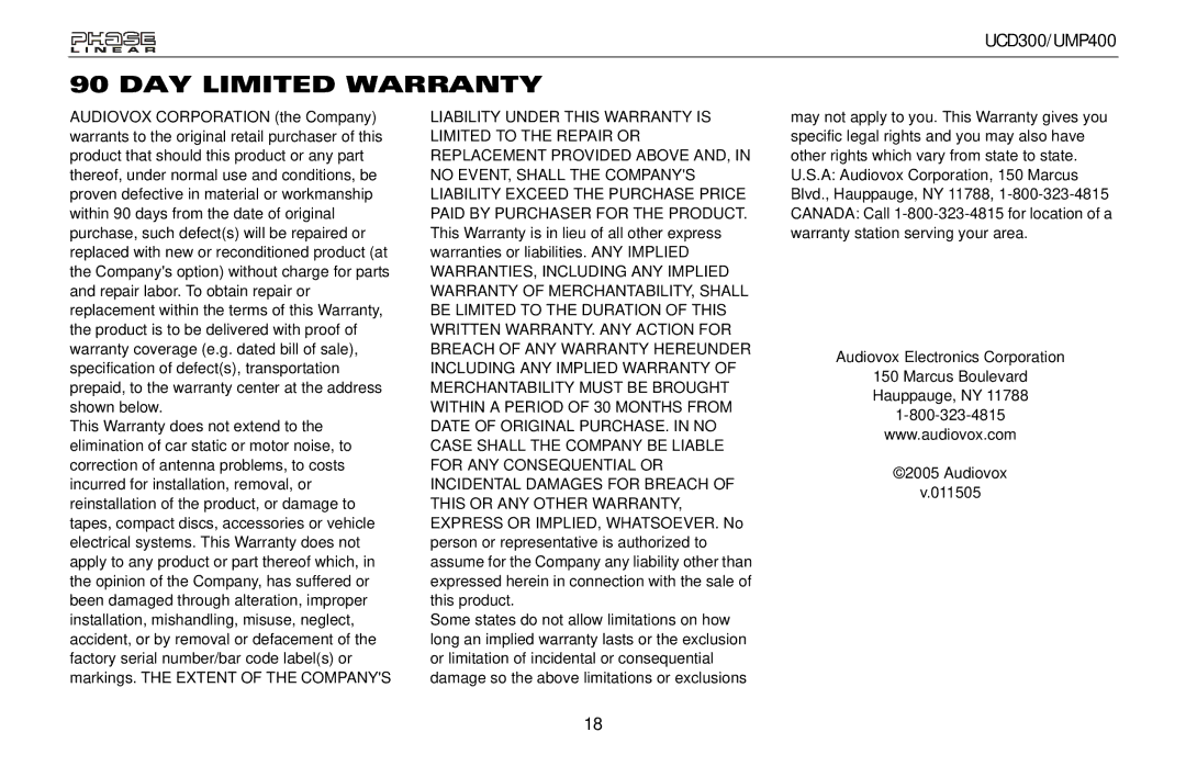 Audiovox UCD300, UMP400 owner manual DAY Limited Warranty 