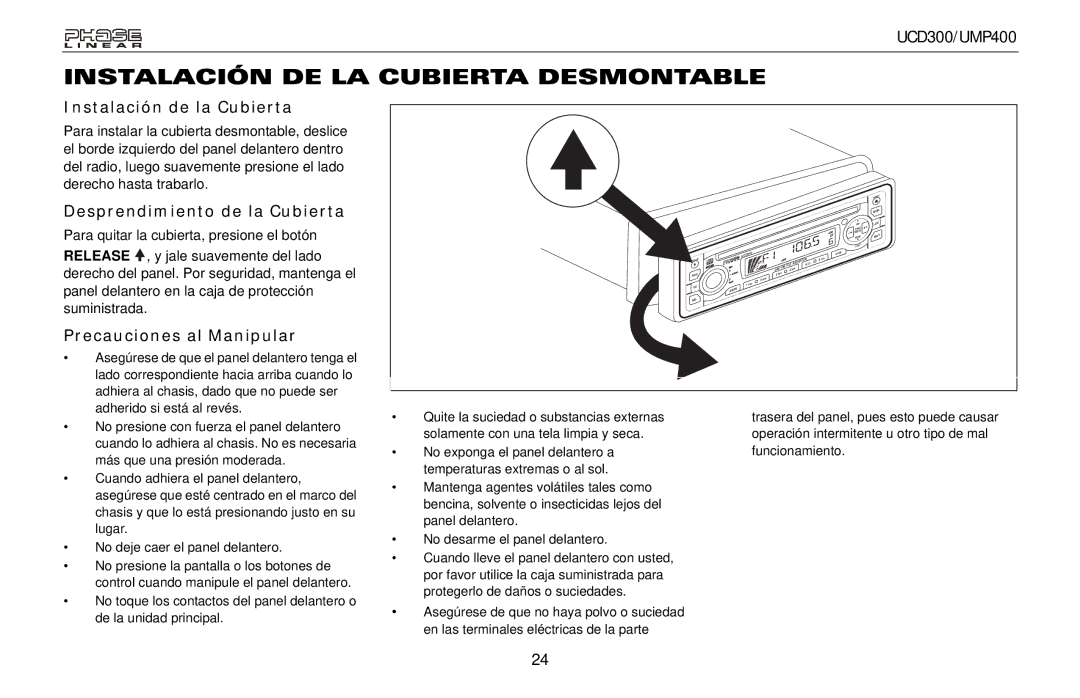 Audiovox UCD300, UMP400 Instalación DE LA Cubierta Desmontable, Instalación de la Cubierta, Desprendimiento de la Cubierta 