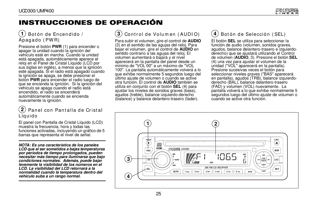 Audiovox UMP400, UCD300 owner manual Instrucciones DE Operación, Botón de Encendido / Apagado PWR, Control de Volumen Audio 