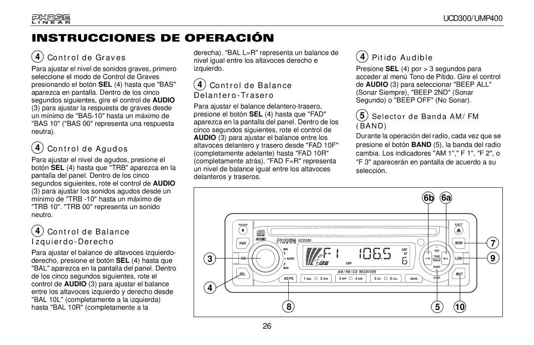 Audiovox UCD300, UMP400 Control de Graves, Control de Agudos, Control de Balance Delantero-Trasero, Pitido Audible 