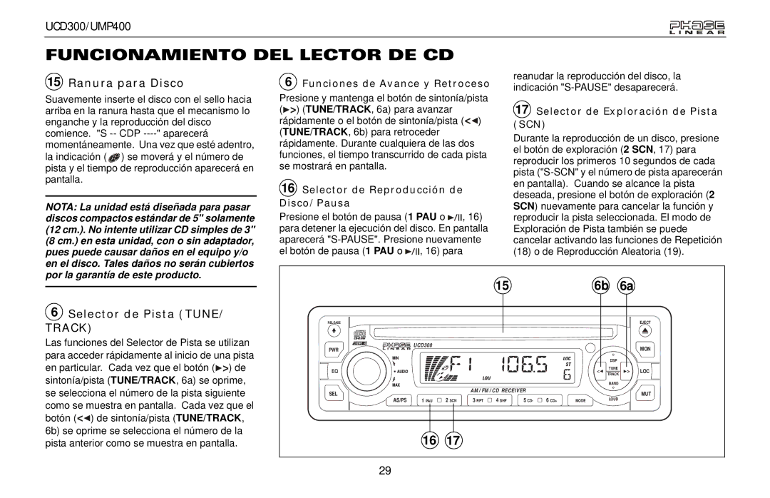 Audiovox UMP400, UCD300 owner manual Funcionamiento DEL Lector DE CD, Ranura para Disco, Selector de Pista Tune 