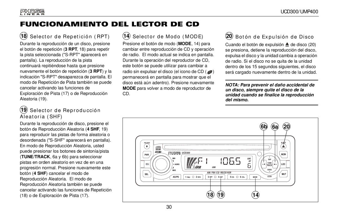 Audiovox UCD300, UMP400 owner manual Selector de Repetición RPT, Selector de Modo Mode, 20 Botón de Expulsión de Disco 