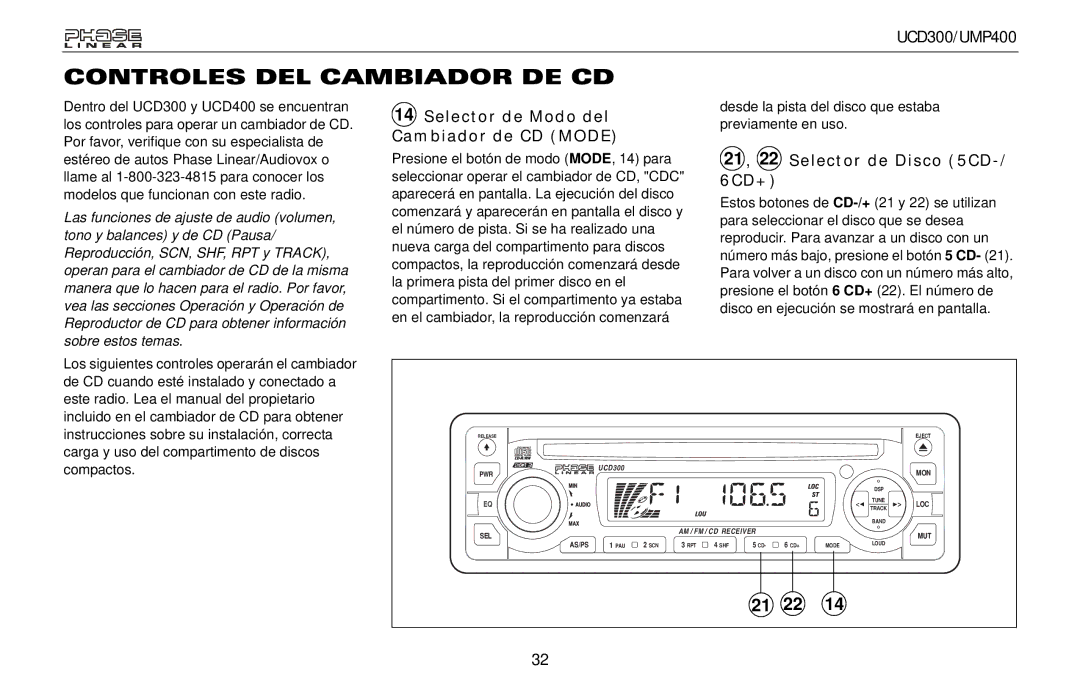 Audiovox UCD300, UMP400 owner manual Controles DEL Cambiador DE CD, Selector de Modo del Cambiador de CD Mode 