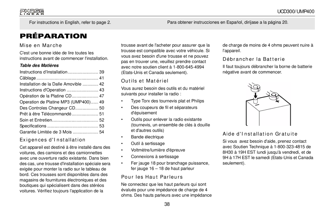 Audiovox UCD300, UMP400 owner manual Préparation 