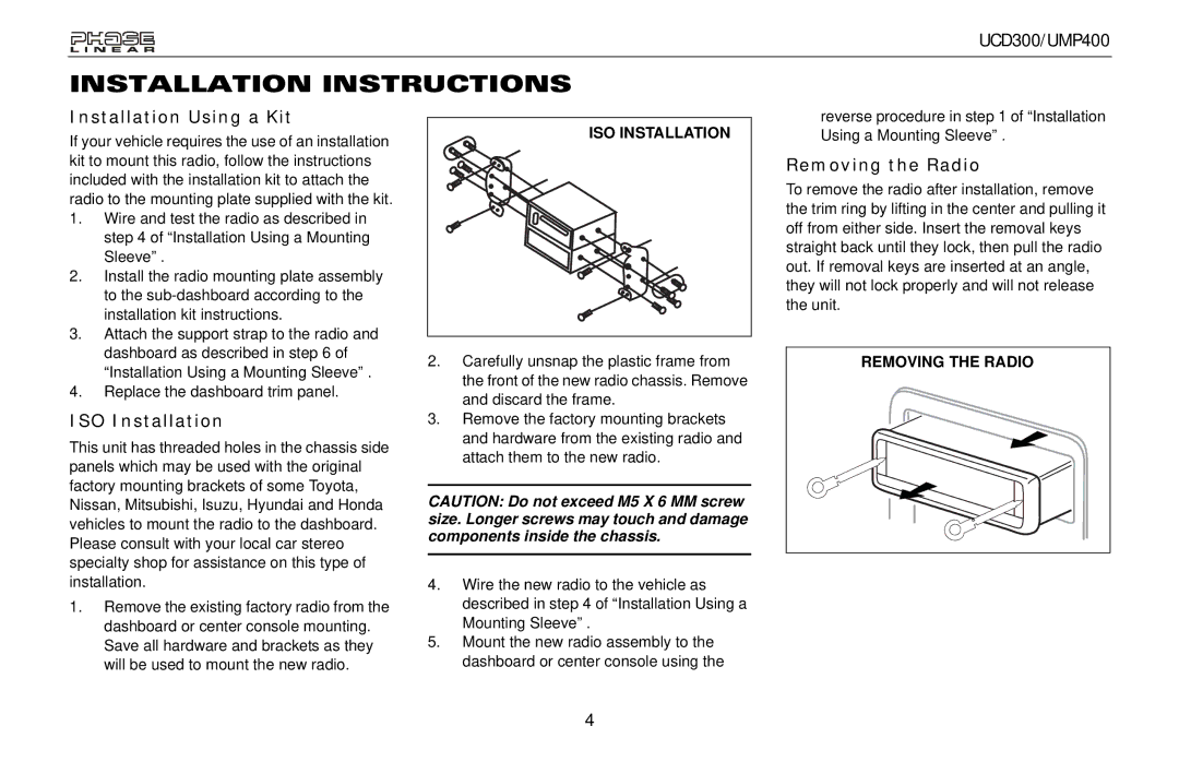 Audiovox UCD300, UMP400 owner manual Installation Using a Kit, ISO Installation, Removing the Radio 