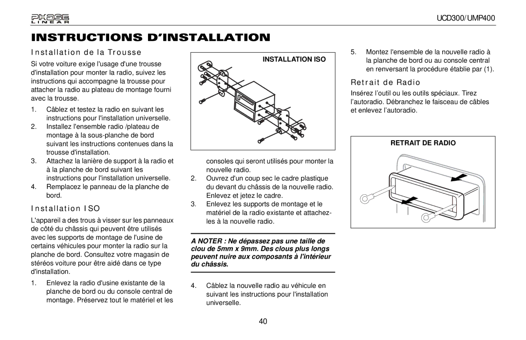 Audiovox UCD300, UMP400 Instructions D’INSTALLATION, Installation de la Trousse, Installation ISO, Retrait de Radio 