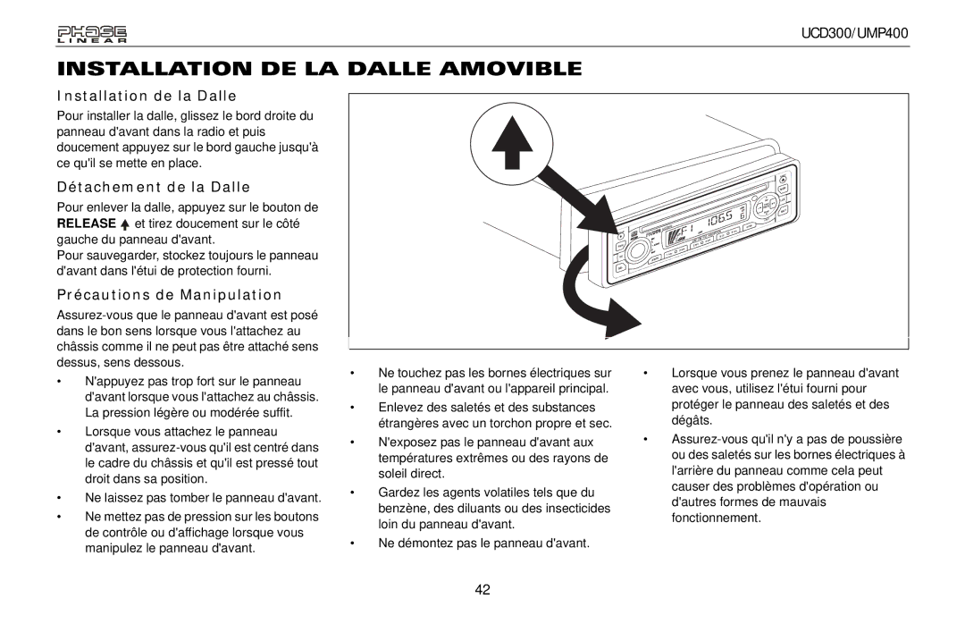 Audiovox UCD300, UMP400 owner manual Installation DE LA Dalle Amovible, Installation de la Dalle, Détachement de la Dalle 