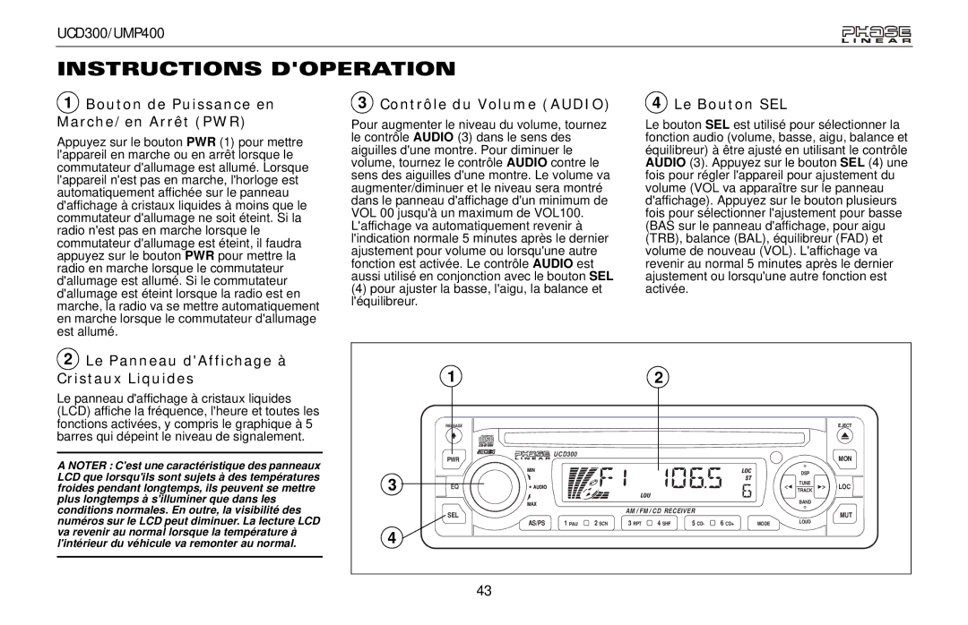 Audiovox UMP400, UCD300 Instructions Doperation, Bouton de Puissance en Marche/en Arrêt PWR, Contrôle du Volume Audio 