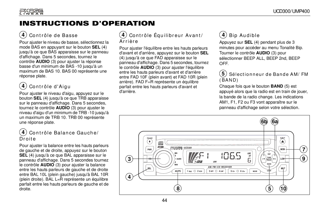 Audiovox UCD300, UMP400 owner manual Contrôle de Basse, Contrôle dAigu, Contrôle Équilibreur Avant/ Arrière, Bip Audible 