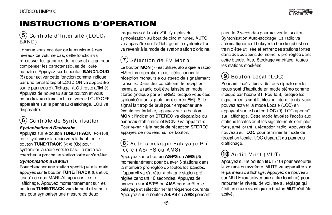 Audiovox UMP400, UCD300 Contrôle dIntensité LOUD/ Band, Contrôle de Syntonisation, Sélection de FM Mono, Bouton Local LOC 
