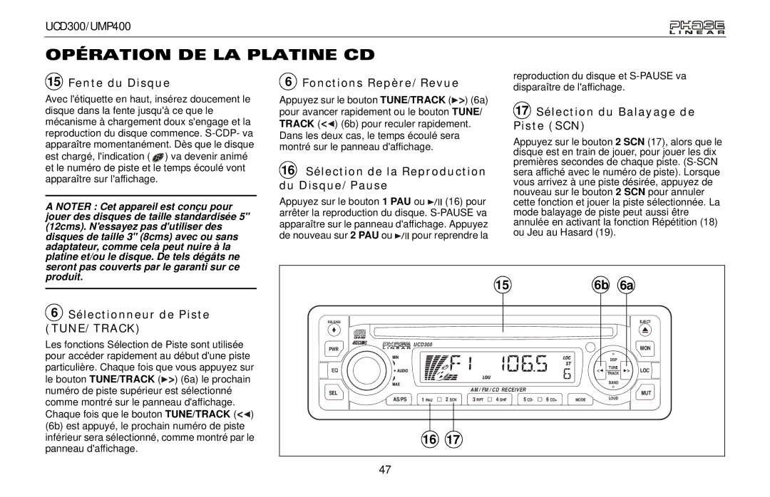 Audiovox UMP400, UCD300 owner manual Opération DE LA Platine CD 