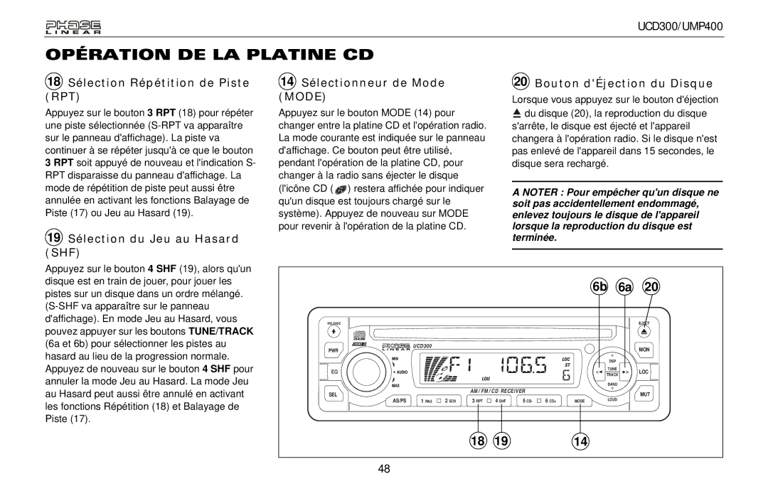 Audiovox UCD300, UMP400 owner manual Mode, 19 Sélection du Jeu au Hasard SHF 