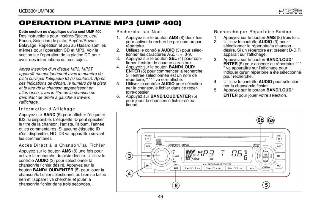 Audiovox UMP400 Operation Platine MP3 UMP, Information dAffichage Recherche par Nom, Recherche par Répertoire Racine 