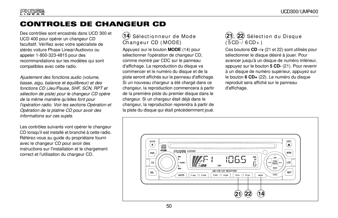 Audiovox UCD300 Controles DE Changeur CD, 14 Sélectionneur de Mode Changeur CD Mode, 21 , 22 Sélection du Disque 5CD-/6CD+ 