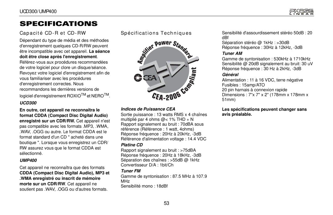 Audiovox UMP400, UCD300 owner manual Capacité CD-R et CD-RW, Spécifications Techniques 