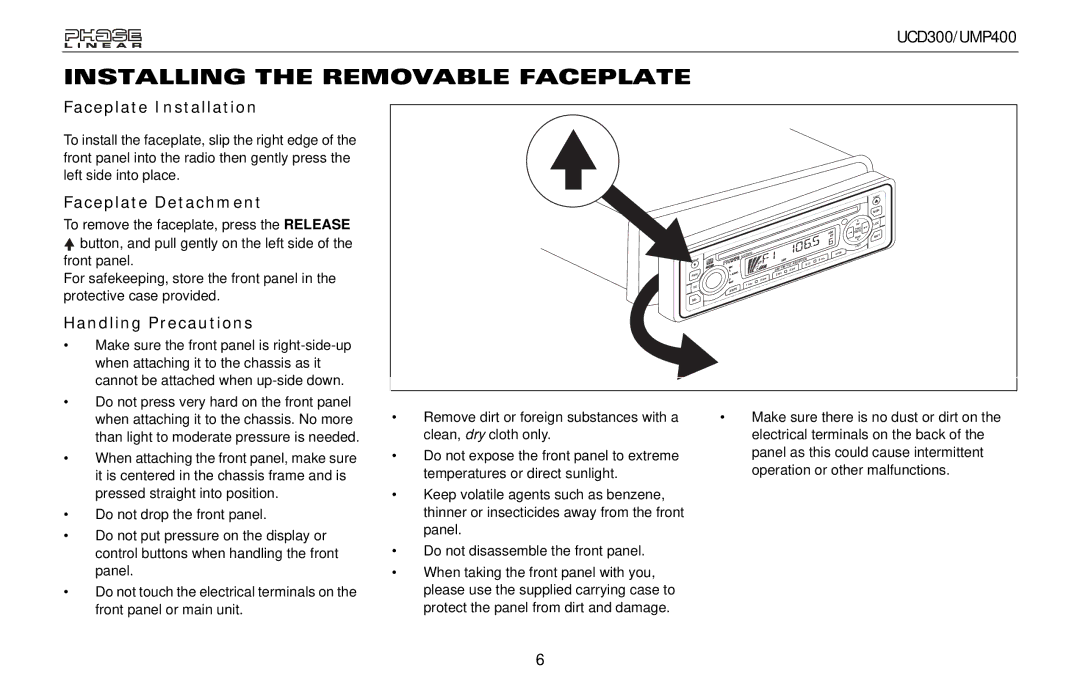 Audiovox UCD300 Installing the Removable Faceplate, Faceplate Installation, Faceplate Detachment, Handling Precautions 