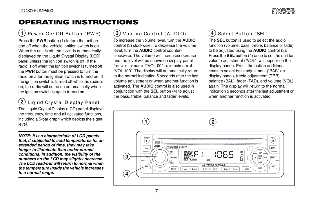 Audiovox UMP400, UCD300 owner manual Operating Instructions, Liquid Crystal Display Panel 