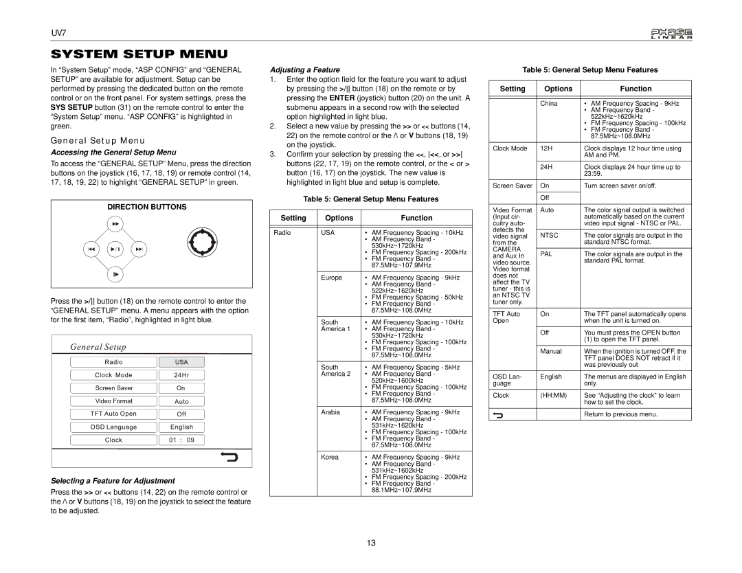 Audiovox UDV7 System Setup Menu, Accessing the General Setup Menu, Selecting a Feature for Adjustment 