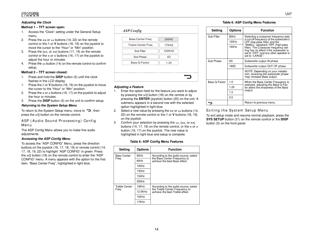 Audiovox UDV7 instruction manual ASP Audio Sound Processing Config Menu, Exiting the System Setup Menu, Adjusting the Clock 